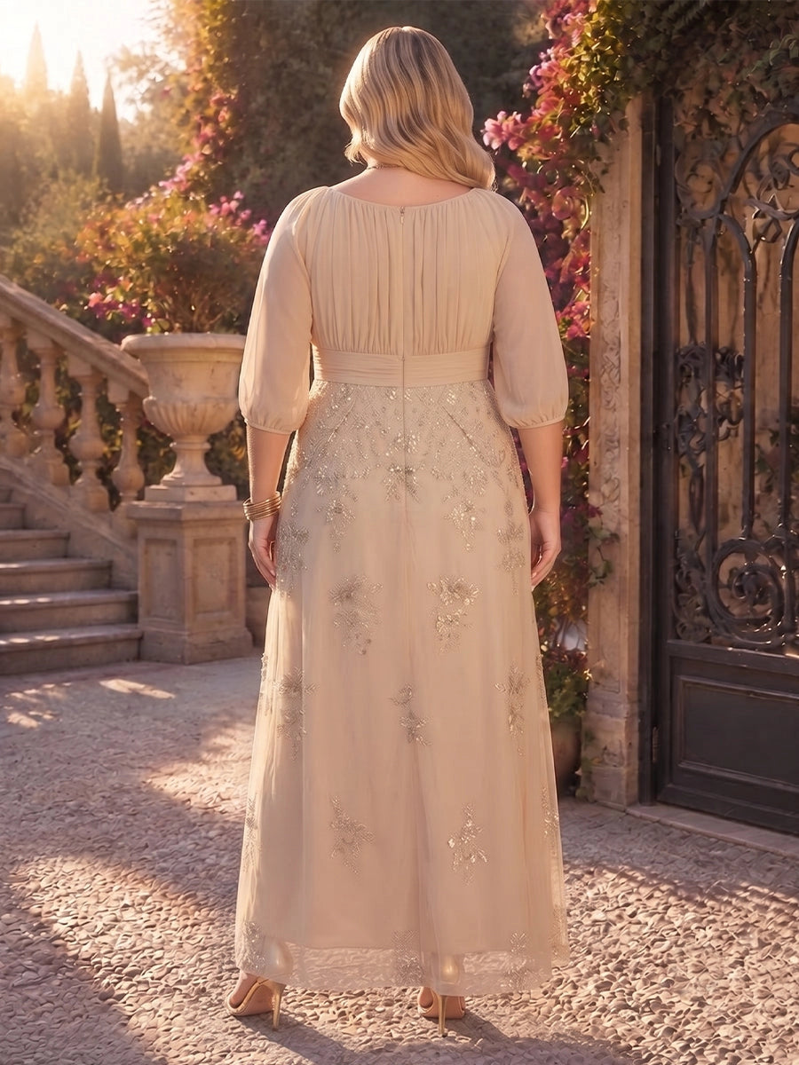 Back view Roselledress champagne a‑line formal dress pleated zipper back floor‑length plus size embroidered mother gown

