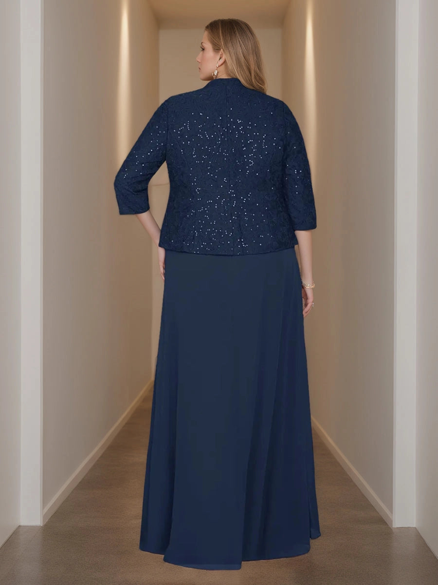 Roselledress back view navy two‑piece formal outfit,sequin lace 3/4 sleeve jacket plus size evening dress