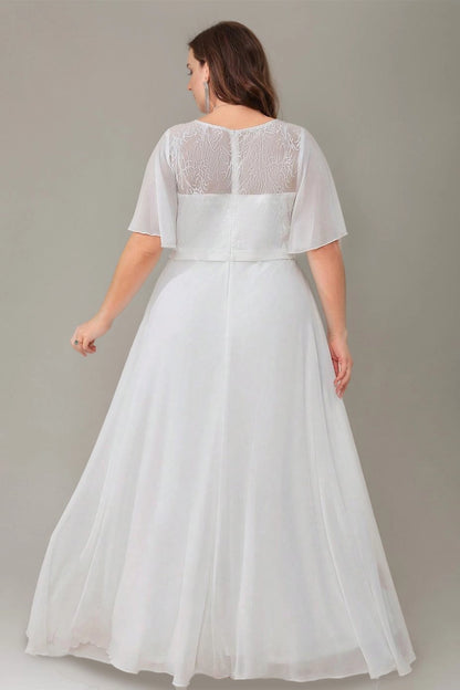 roselledress curvy chiffon bridal dress sheer lace back short sleeve floor length white bridesmaid gown