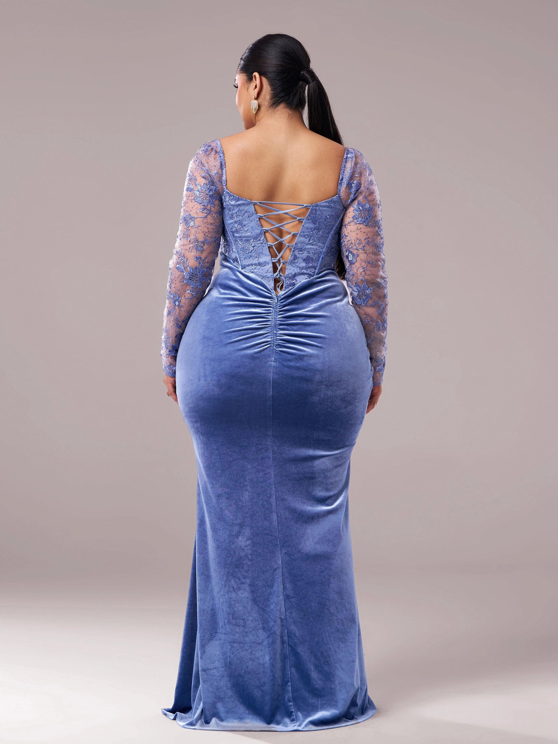 Roselledress blue velvet formal gown lace‑up back long lace sleeve plus size floor‑length prom dress back view