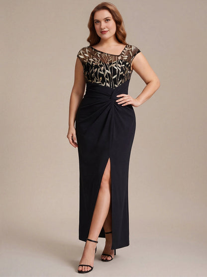 Elegant Sheath Bateau Neck Cap Sleeve Sheer Back Floor-Length Mother of the Bride Dress