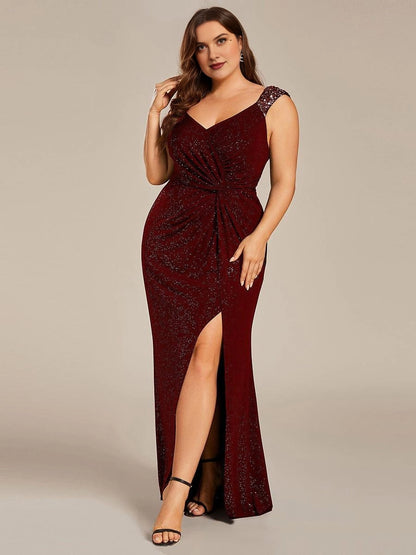 Plus Size Glitter V-Neck Beaded Strap Slit Mermaid Long Prom Dress