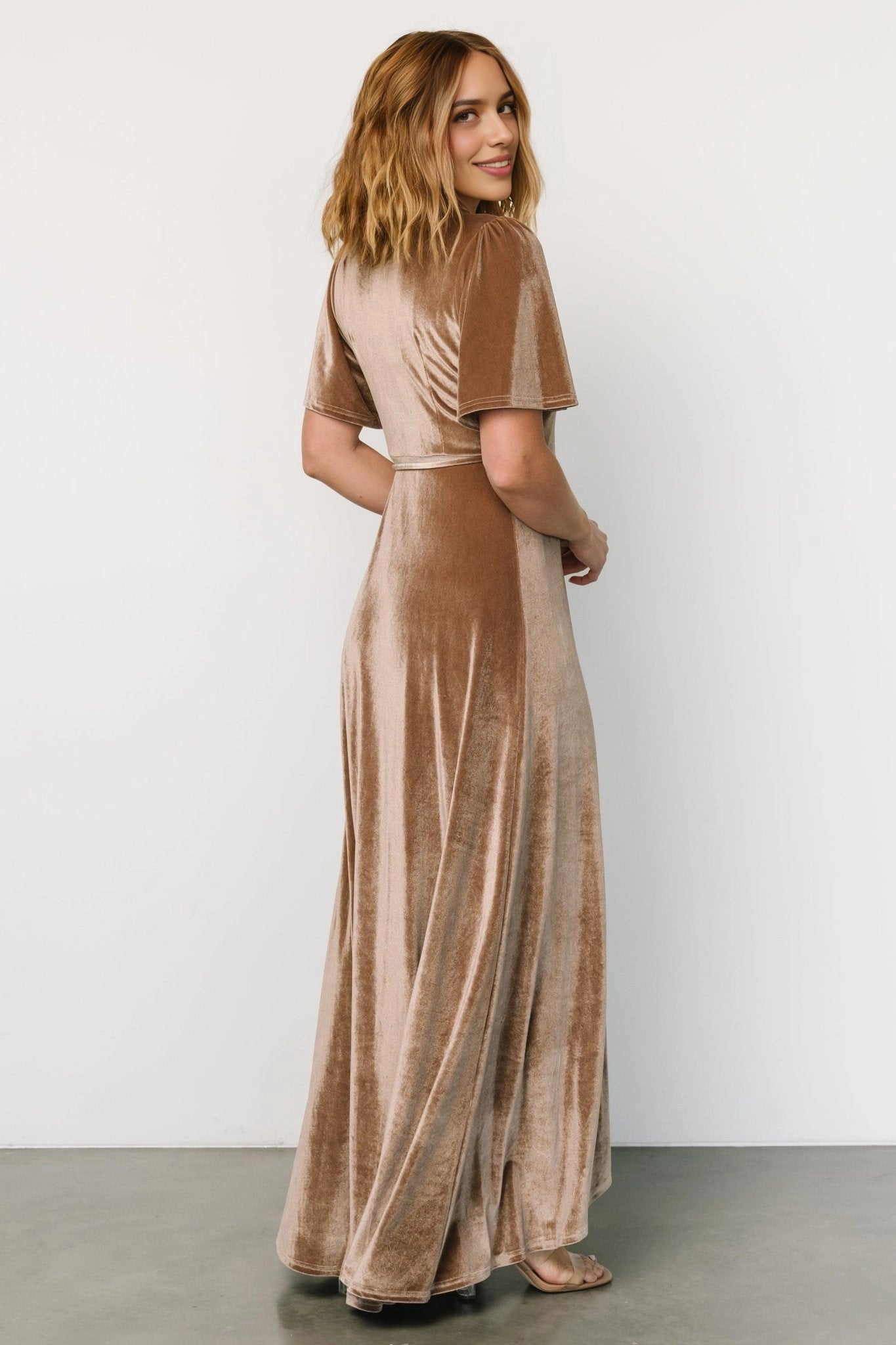 Soft A‑line V‑Neck Flutter Sleeve Closed‑Back Maxi Mother Of Bride Dress
