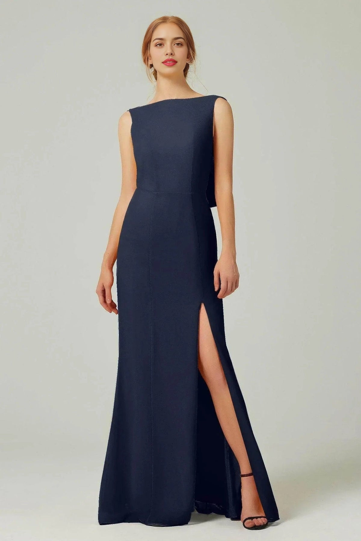 Plus Size Elegant Sheath Bateau Sleeveless Cowl Back Floor Length Bridesmaid Dress