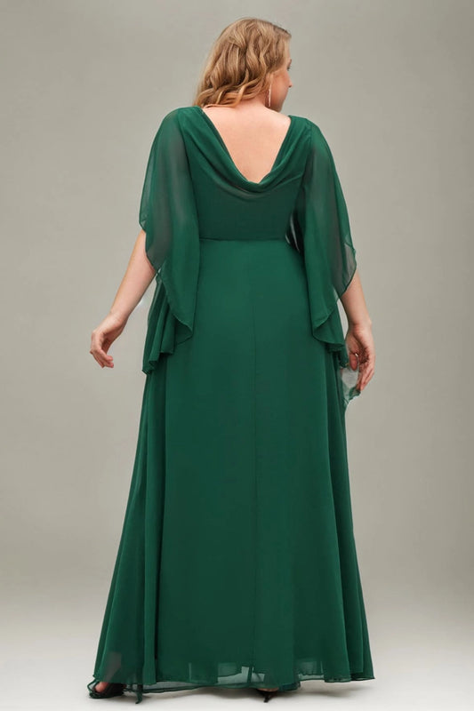 Back view Roselledress dark green plus size a‑line prom dress cowl back cape sleeve floor‑length mother of bride gown