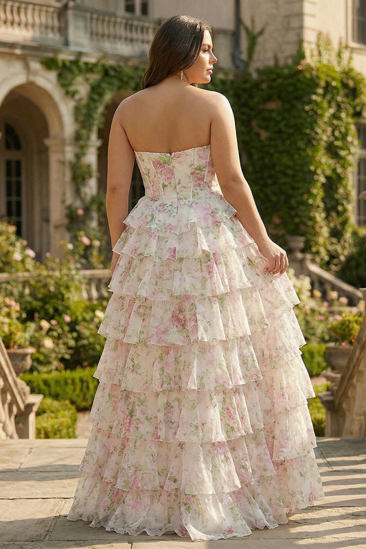 Back view Roselledress floral plus size strapless corset prom dress tiered ruffle chiffon formal gown