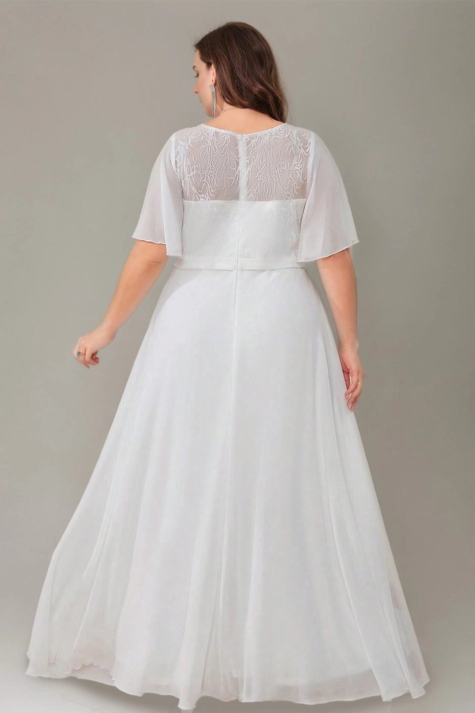 Roselledress plus size wedding dress sheer lace zipper back long bridal gown rear view
