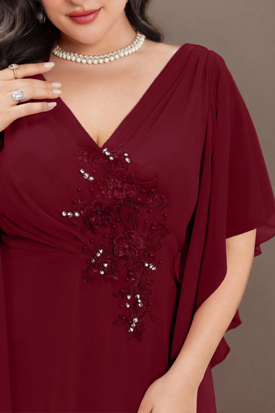 Dark Green Plus Size A‑Line V‑Neck Cape‑Sleeve Cowl‑Back Floor‑Length Prom Dress