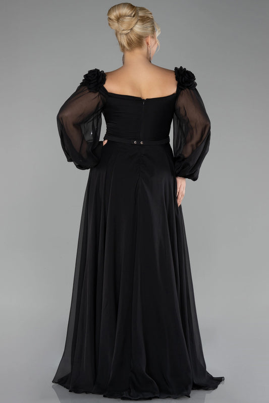 Black plus size formal dress with square back, center zipper and waist belt