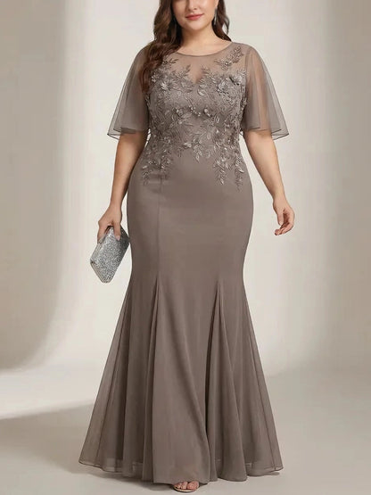 Roselledress Lace Illusion Mermaid Round Neck Flutter Sleeve Zipper Back Floor Plus Size Mother Of Bride Dress