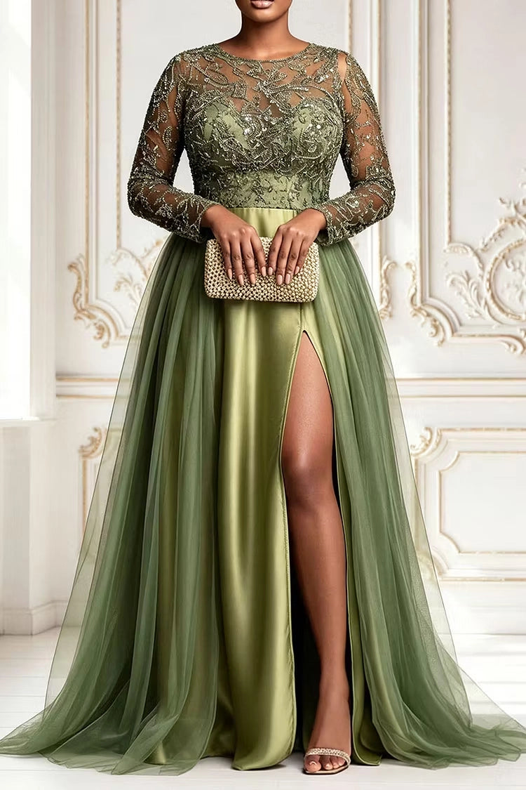 Roselledress Elegant A-Line Round Neck Long Sleeve Back Zipper Beaded Tulle Satin Plus Size Prom Dress