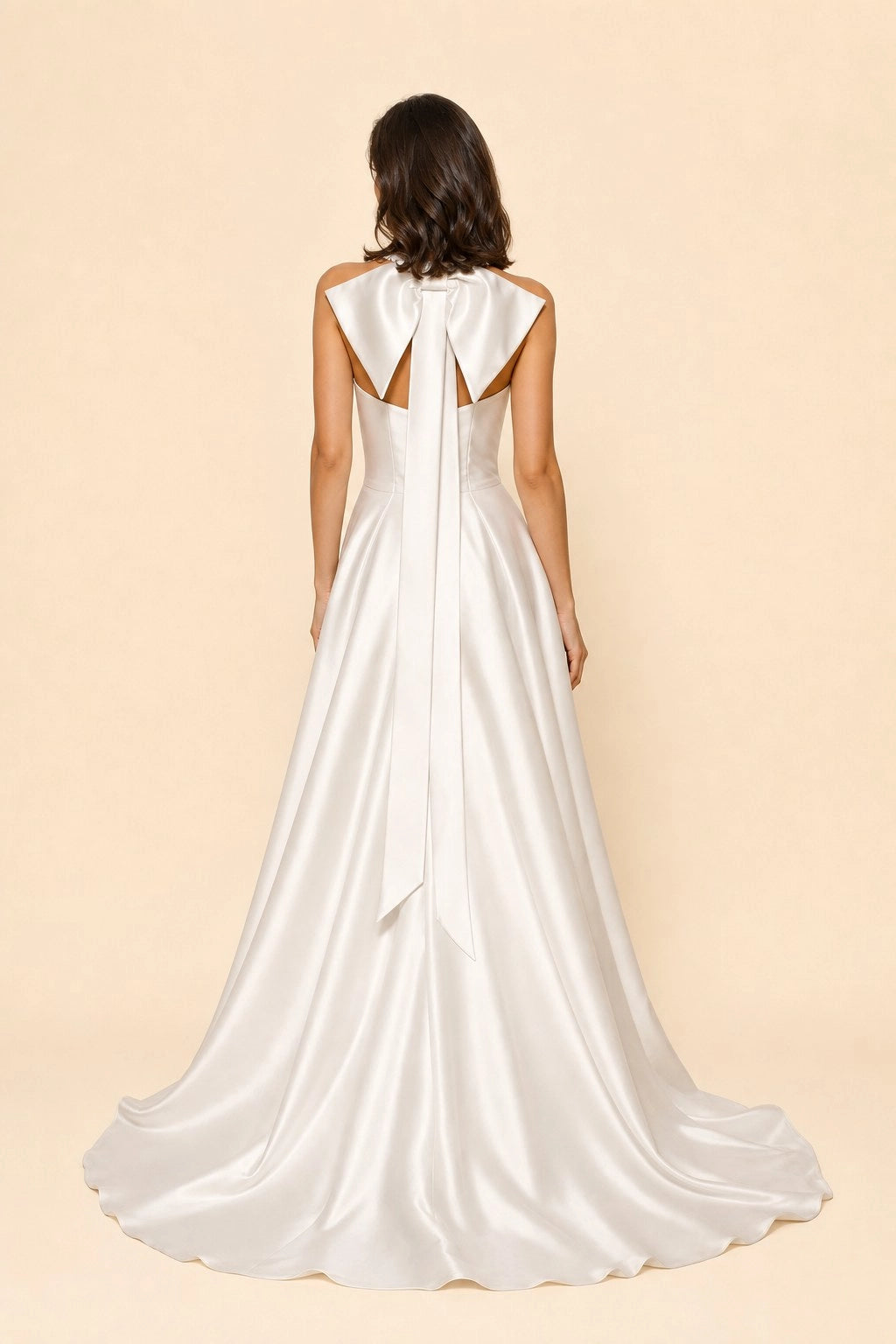 A-Line Halter Pearl Open Bow Back Slit Train Plus Size Wedding Dress