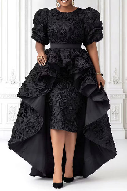 Roselledress Majestic High Low Round Neck Puff Sleeve Back Zipper 3D Floral Plus Size Prom Dress