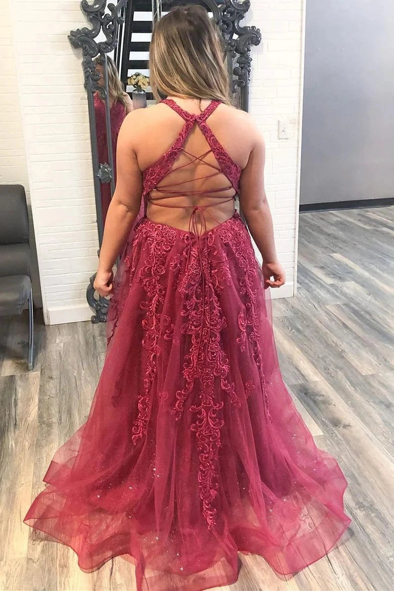 Roselledress burgundy a‑line gown back view,corset lace‑up back sleeveless plus size long prom dress