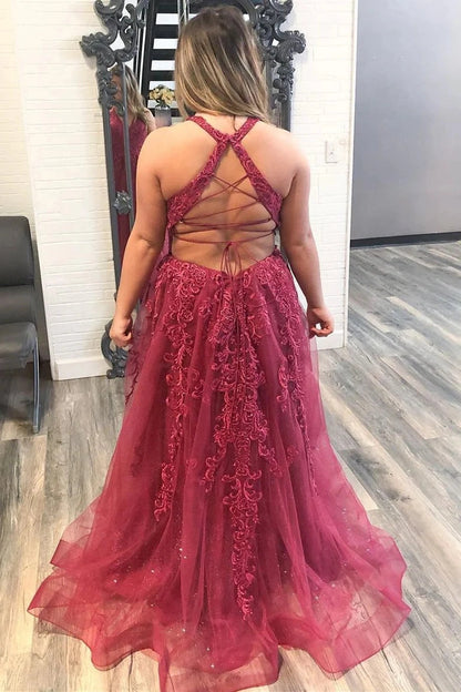 Roselledress burgundy a‑line gown back view,corset lace‑up back sleeveless plus size long prom dress