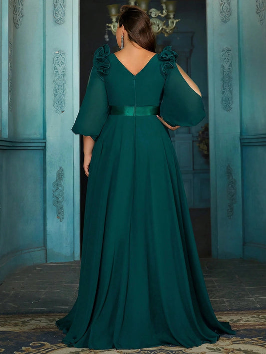 Roselledress plus size evening gown v‑back zipper closure emerald a‑line formal dress rear view