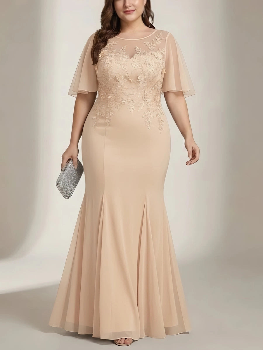 roselledress champagne plus size mother of bride gown illusion lace flutter sleeve mermaid chiffon formal dress