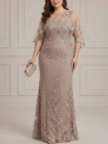 RoselleDress taupe sequin lace plus size illusion neck floor length mother of bride dress flutter sleeve front view