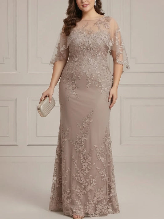 RoselleDress taupe sequin lace plus size illusion neck floor length mother of bride dress flutter sleeve front view