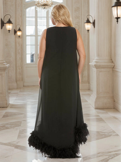 RoselleDress black plus size wedding guest dress sleeveless closed back feather trim hi-lo maxi gown back view