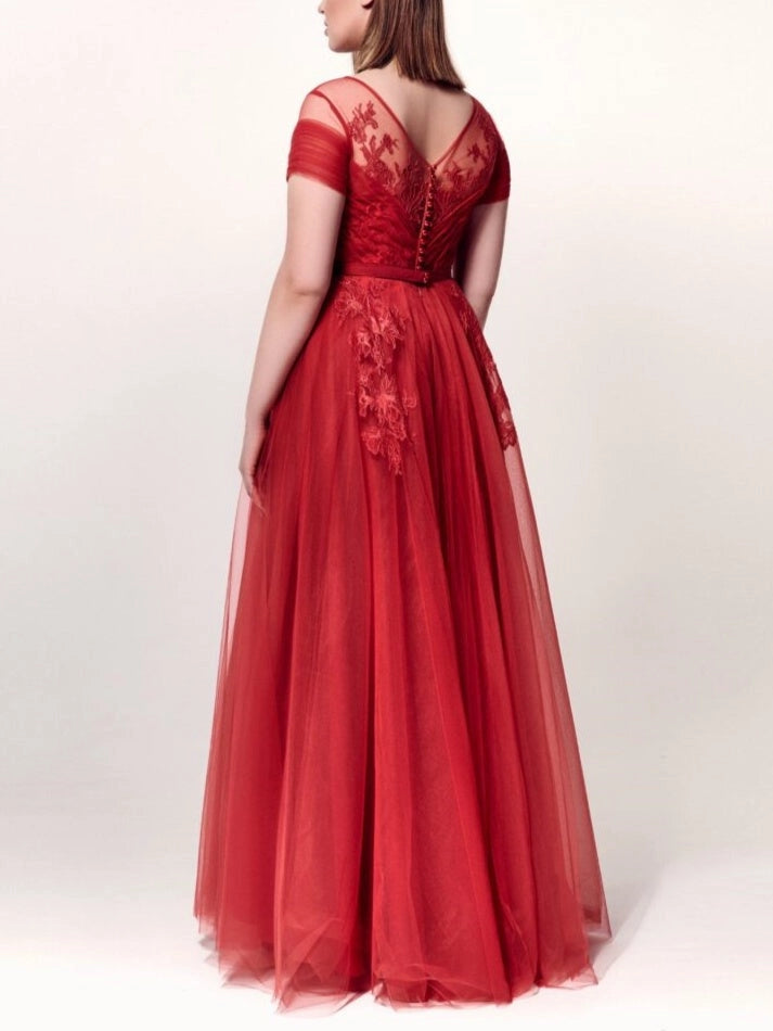 Roselledress back view red floor length formal dress,illusion v‑back lace button detail plus size wedding guest gown