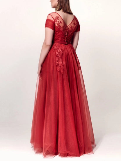 Roselledress back view red floor length formal dress,illusion v‑back lace button detail plus size wedding guest gown