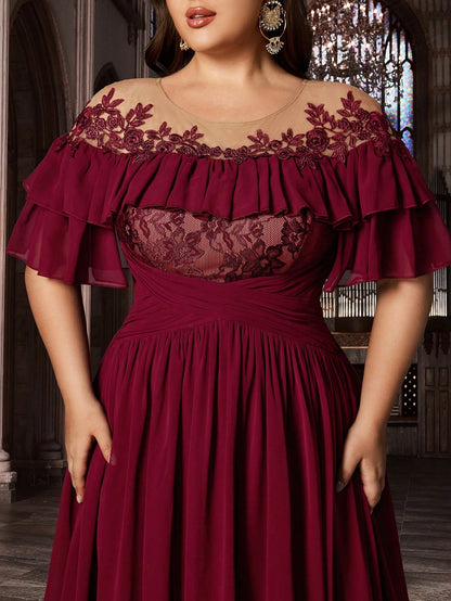 Burgundy Plus Size A‑Line Off‑Shoulder Ruffle‑Short‑Sleeve Illusion‑Back Floor‑Length Prom Dress