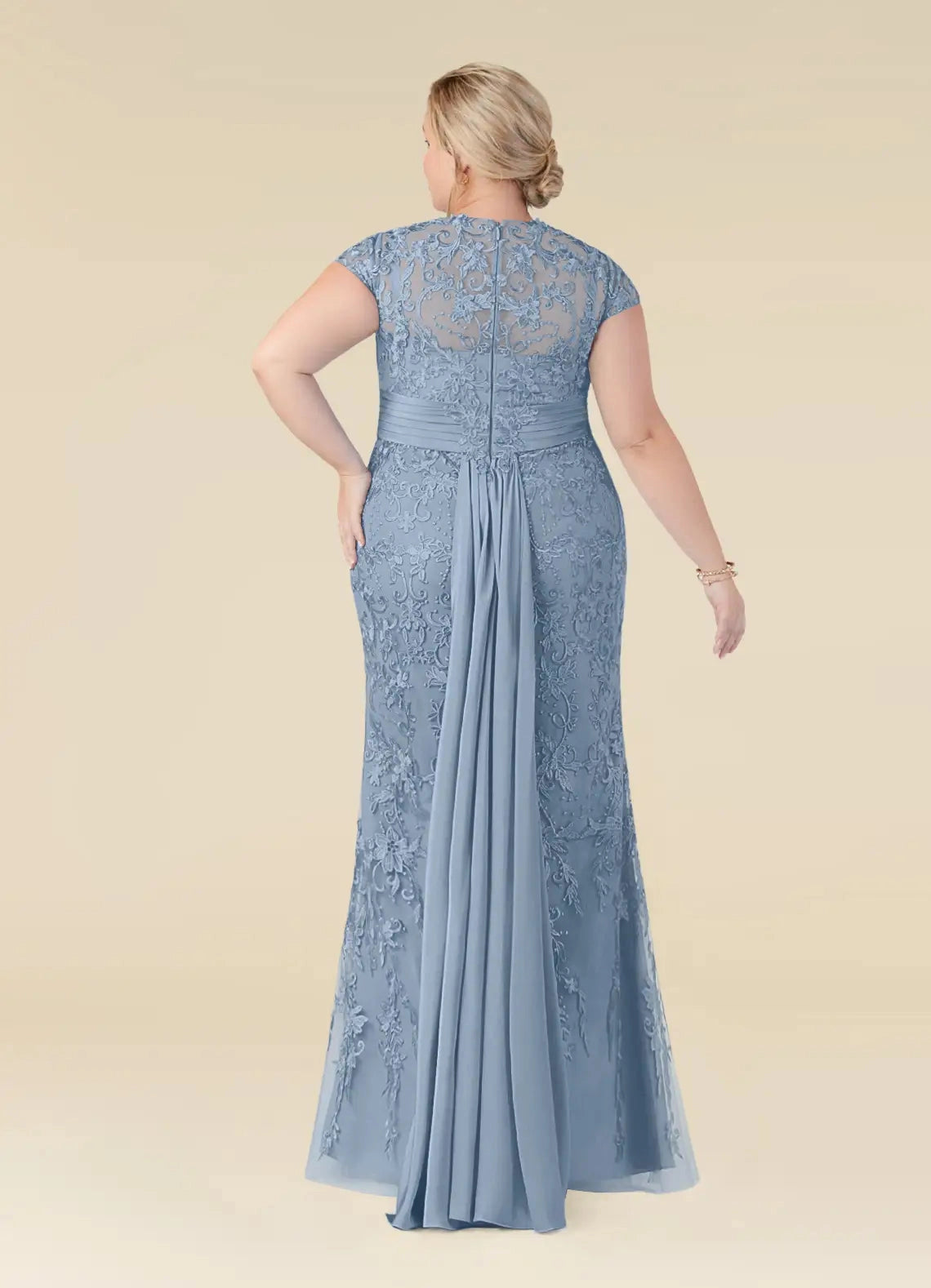 Roselledress dusty blue lace plus size formal dress illusion back draped chiffon train mother of bride gown back view