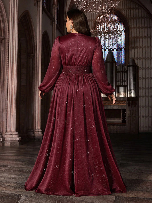 Roselledress plus size evening gown smocked elastic back zipper burgundy sparkly formal dress rear view