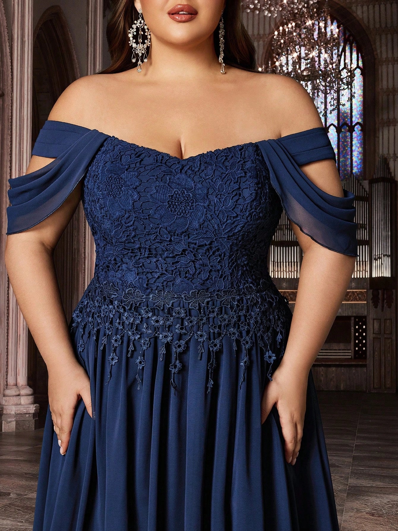Plus Size Navy A‑Line Off‑Shoulder Sweetheart Short‑Sleeve Smocked‑Back Floor‑Length Prom Dress
