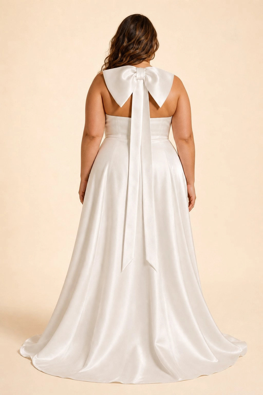 Roselledress satin bridal gown back view, halter open large bow back plus size wedding dress sweep train