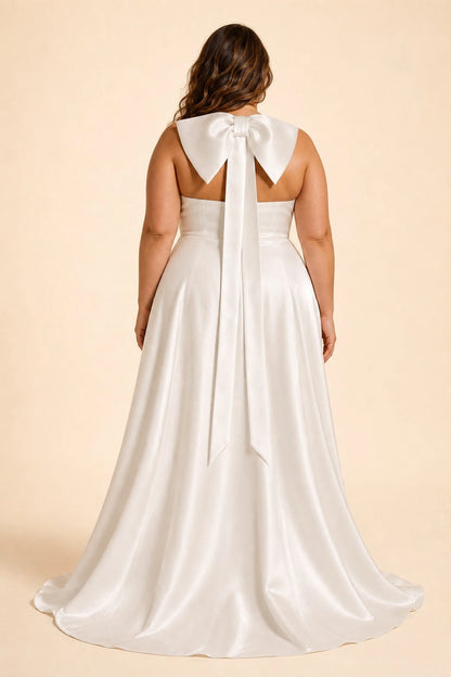 Roselledress satin bridal gown back view, halter open large bow back plus size wedding dress sweep train