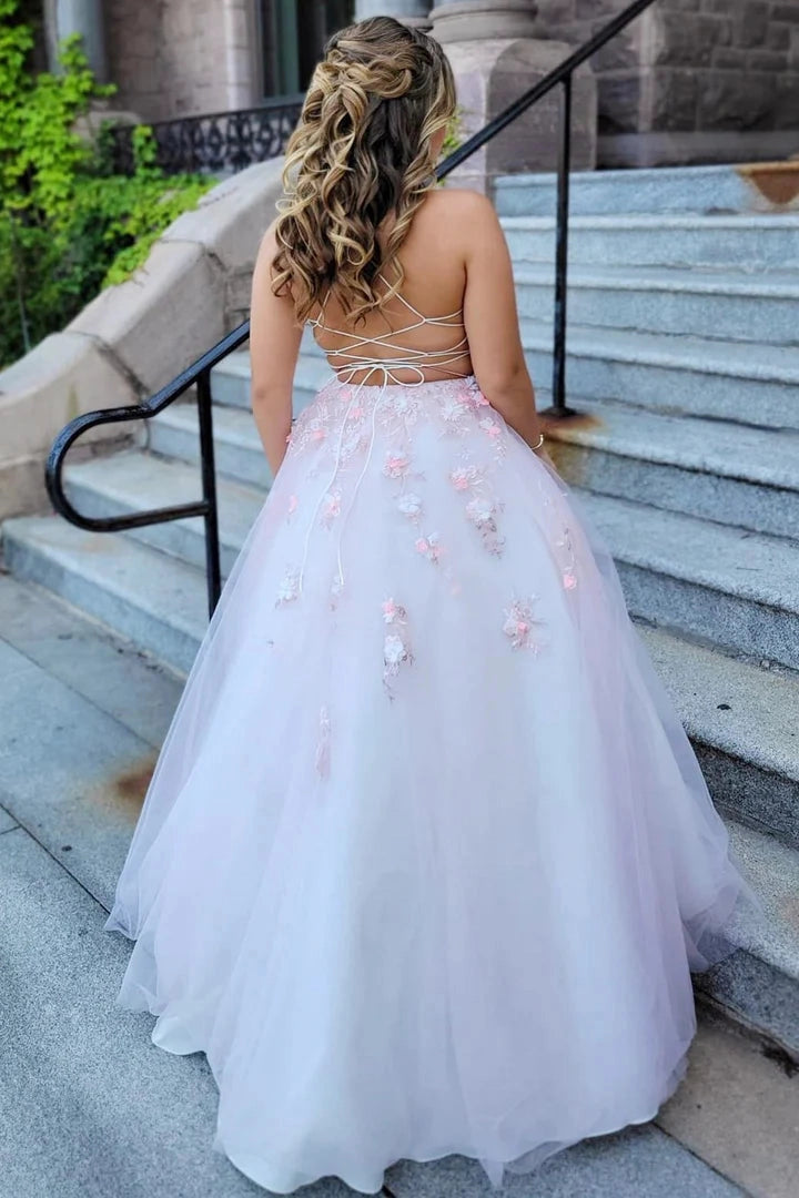 Roselledress pastel a‑line gown back view,corset lace‑up back sleeveless 3D flower prom dress