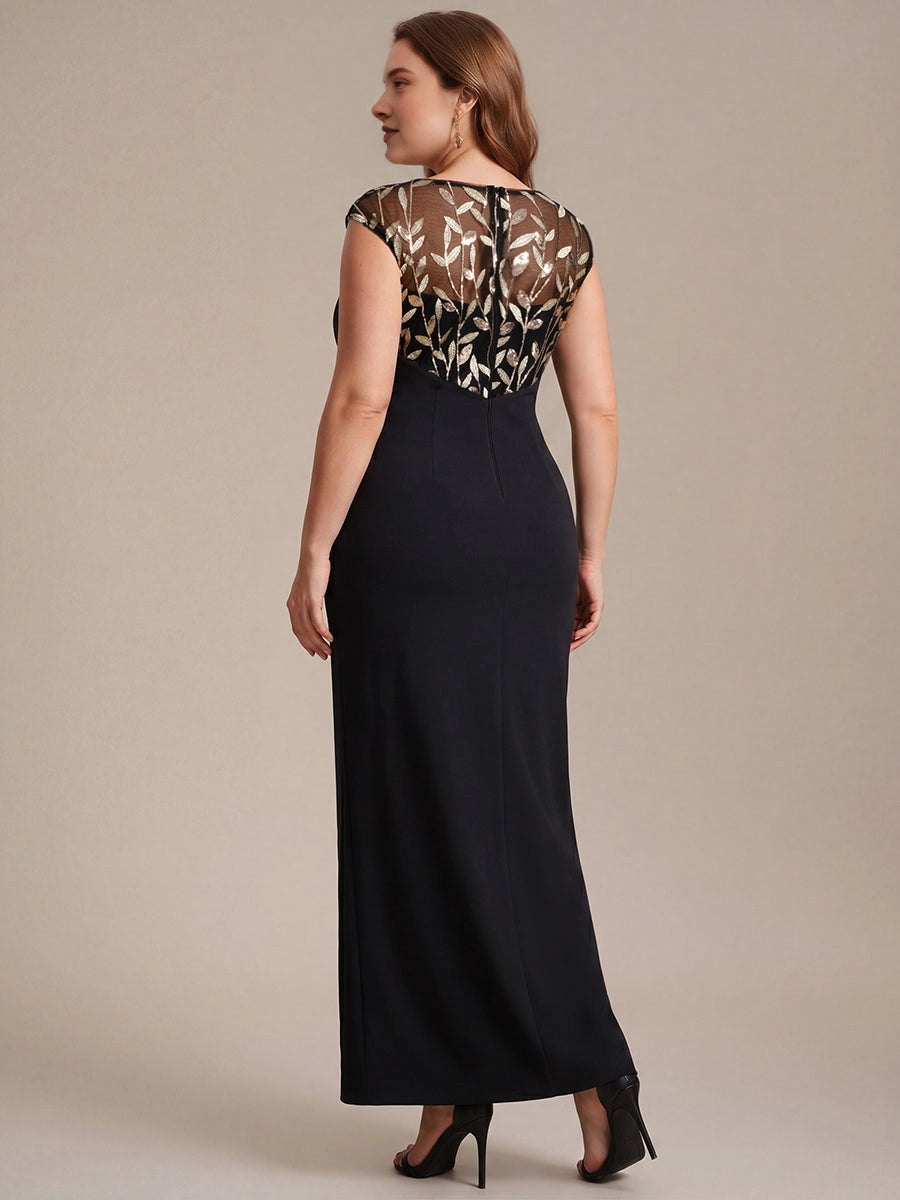 Elegant Sheath Bateau Neck Cap Sleeve Sheer Back Floor-Length Mother of the Bride Dress
