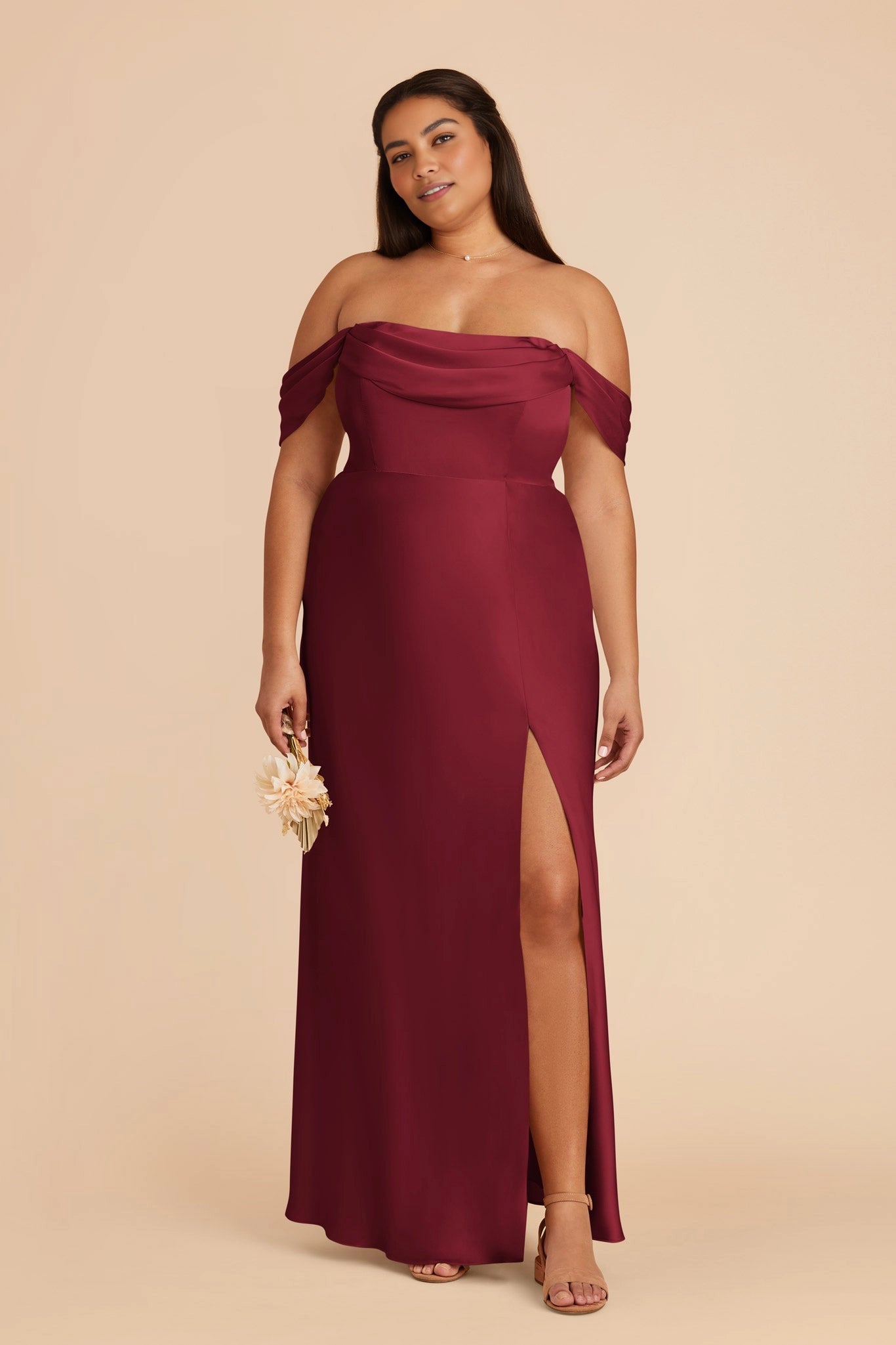 Luxury Satin Sheath Off‑The‑Shoulder Short Sleeve Open Back Slit Maxi Plus Size Bridesmaid Dress