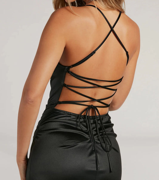 Slim Maxi Spaghetti Lace-Up Back Ruched Long Prom Dress