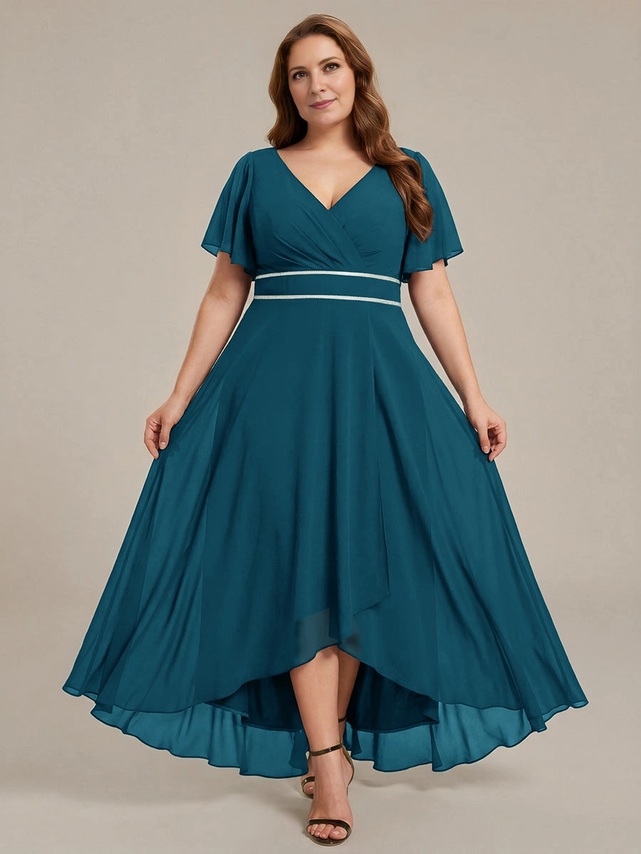 Elegant Plus Size A-Line V-Neck Flutter-Sleeve V-Back Maxi Mother of Bride Dress