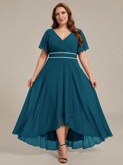 Elegant Plus Size A-Line V-Neck Flutter-Sleeve V-Back Maxi Mother of Bride Dress