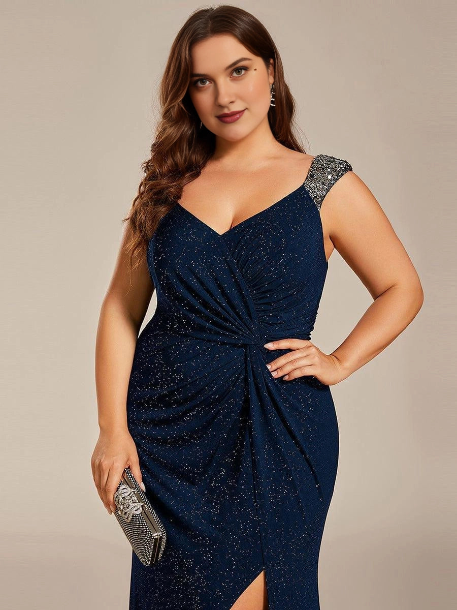 Plus Size Glitter V-Neck Beaded Strap Slit Mermaid Long Prom Dress