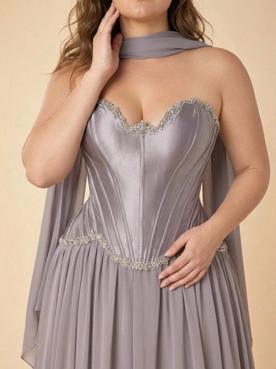 A-Line Strapless Corset Lace Up Back Chiffon Plus Size Bridesmaid Dress