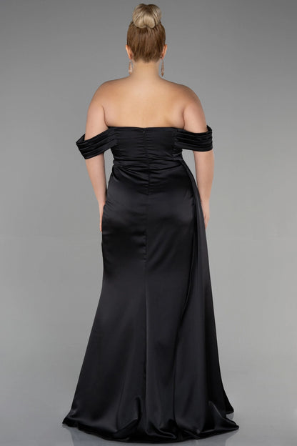 Back view of a roselledress plus size black satin off shoulder evening dress with gathered zipper back