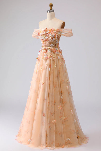 Plus Size Romantic A-Line Off-Shoulder Tulle Sleeve Lace-Up Back Long Wedding Guest Dress