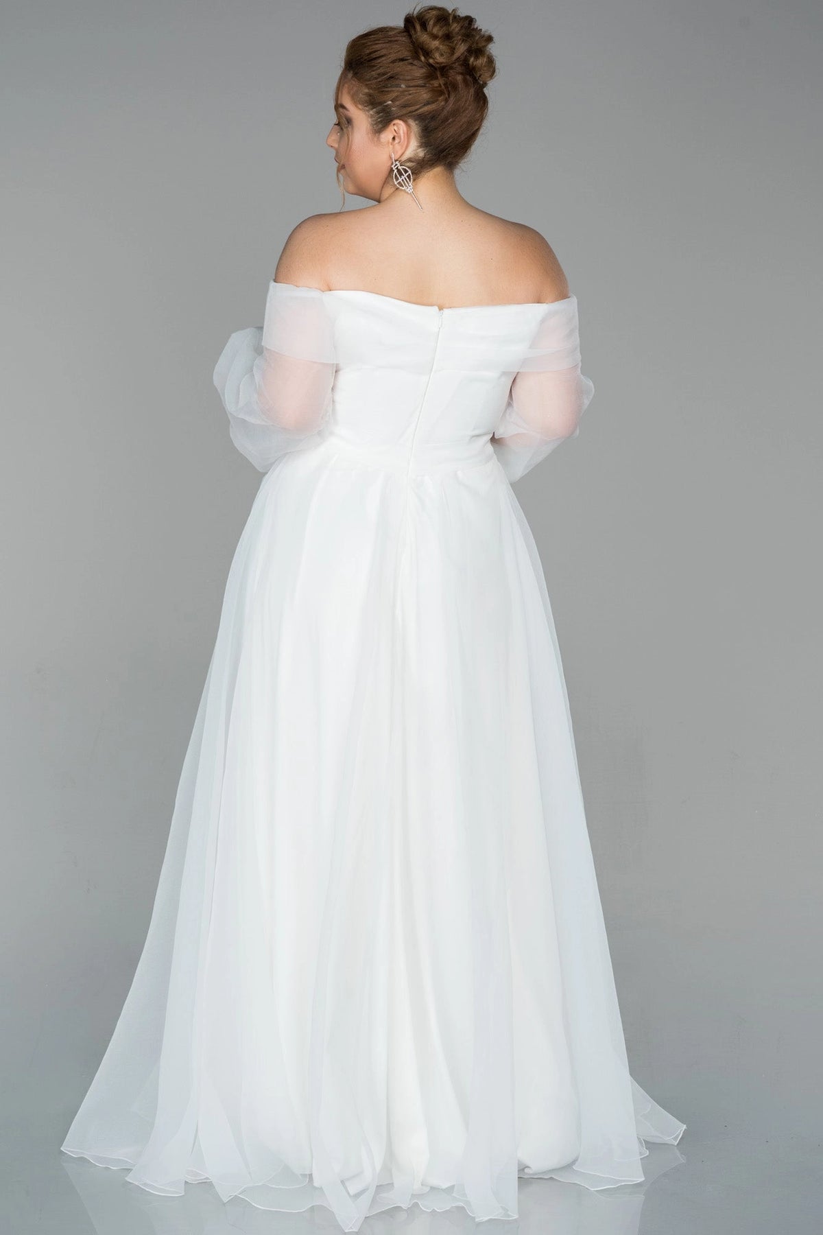 Glamorous Plus Size A-Line Off Shoulder Puff Sleeve Zipper Back Evening Dress