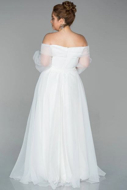 Glamorous Plus Size A-Line Off Shoulder Puff Sleeve Zipper Back Evening Dress