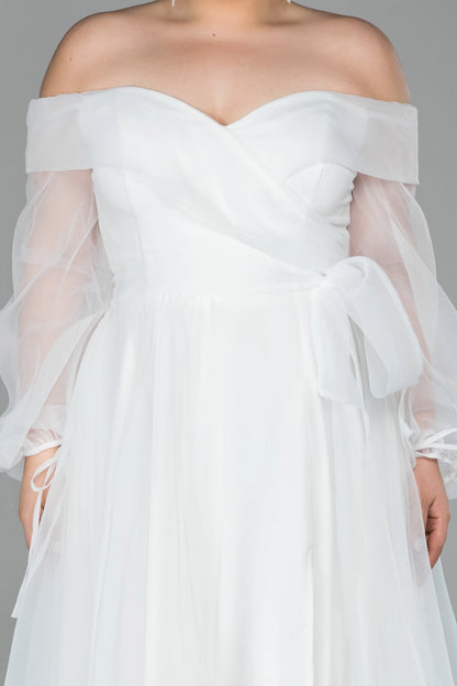 Glamorous Plus Size A-Line Off Shoulder Puff Sleeve Zipper Back Evening Dress