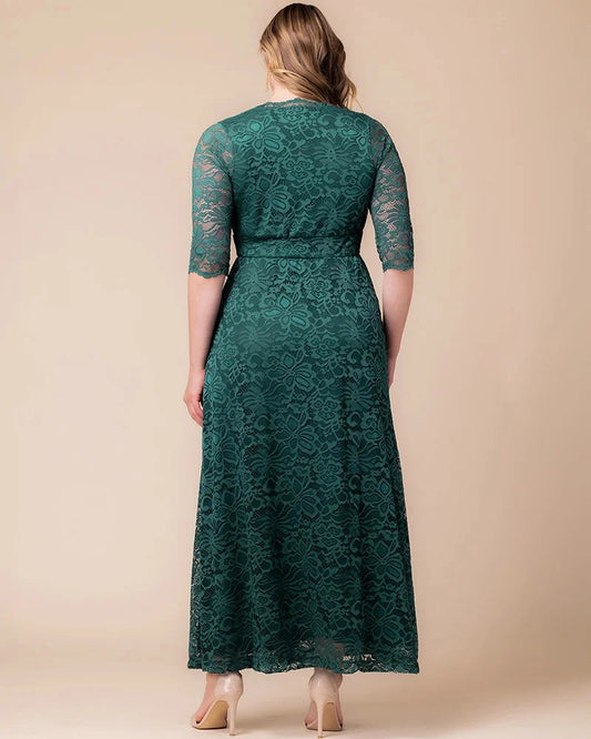 Back view of emerald green lace midi mother of the bride dress with high back by roselledress