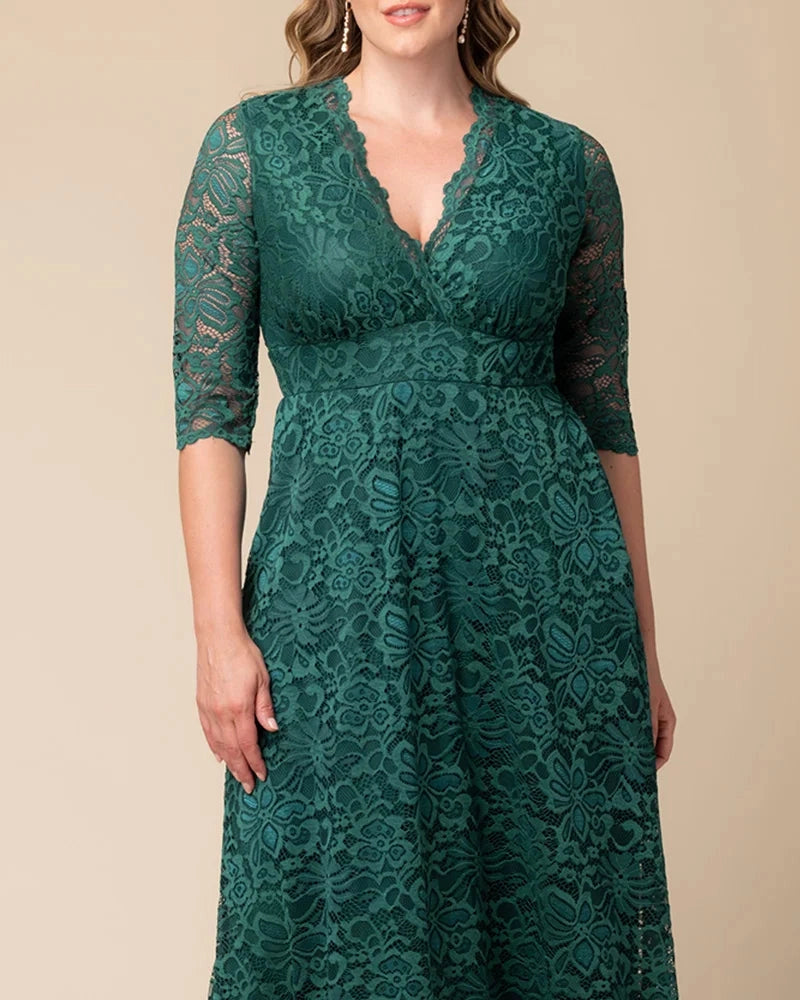 A-Line V-Neck Three-Quarter Sleeve Zip-Back Mother of the Bride Dress