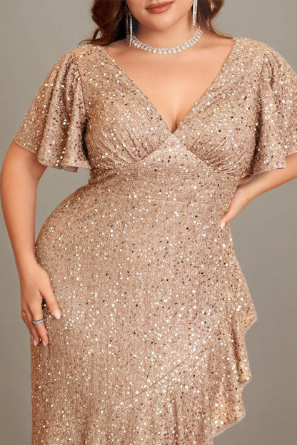 Glamorous Plus Size Sheath V-Neck Short-Sleeve V-Back Long Evening Dress
