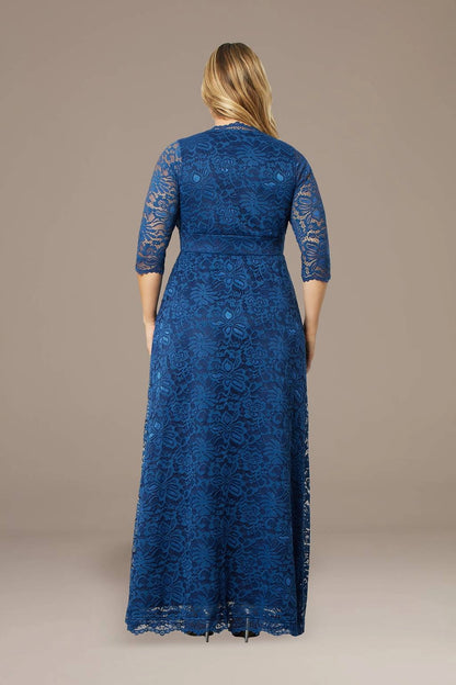 Royal blue plus size lace dress with covered back, defined waist and floor-length skirt