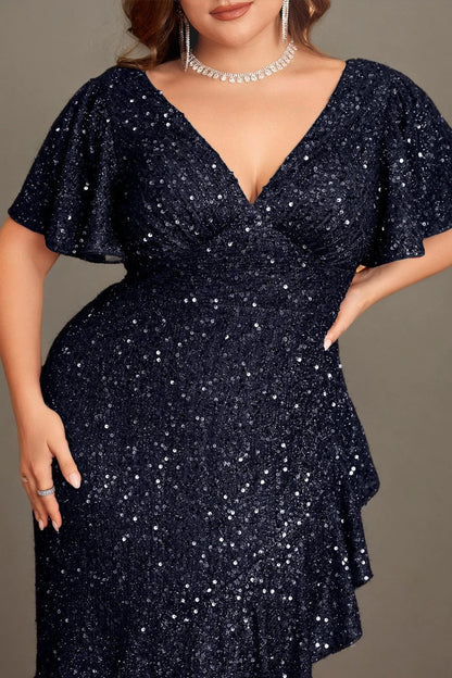 Glamorous Plus Size Sheath V-Neck Short-Sleeve V-Back Long Evening Dress
